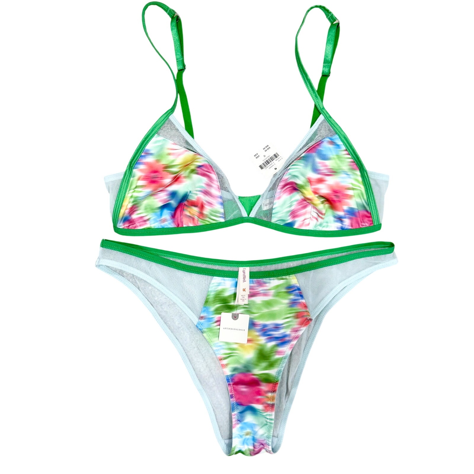 Anthropologie Lyrebird Lingerie Set M Nwt Green Patt Watercolor Mesh Bra Panty